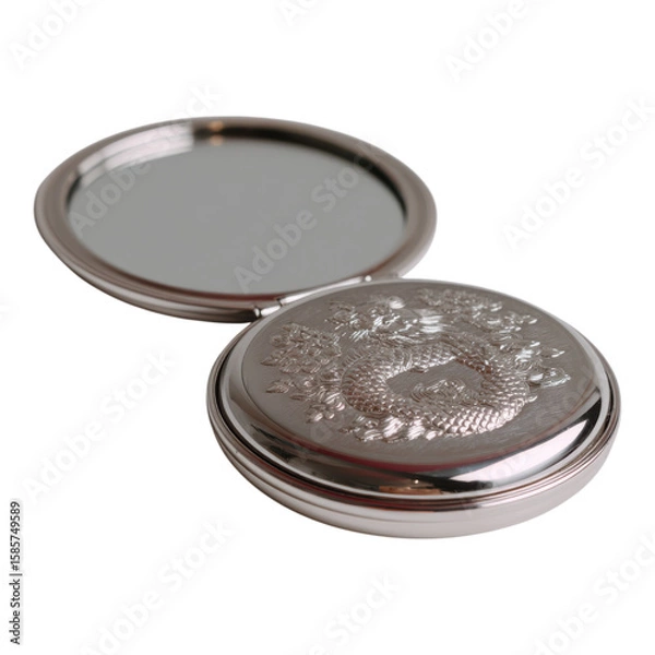 Fototapeta Ornate Silver Compact Mirror with Intricate Design and Reflection