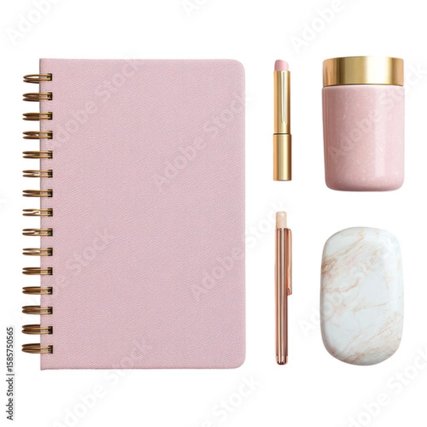 Fototapeta Stylish Desk Setup with Pink Notebook and Elegant Writing Tools