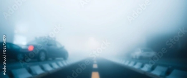 Fototapeta A foggy road with blurred cars creates a mysterious and eerie atmosphere, highlighting the risks and challenges of driving in low visibility conditions