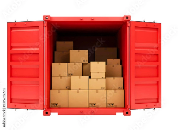 Fototapeta Open red shipping container filled with cardboard boxes isolated on transparent background