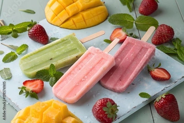 Fototapeta Delicious frozen pops in a variety of flavors are displayed alongside slices of ripe mango, fresh strawberries, and fragrant mint leaves, perfect for a warm summer day.