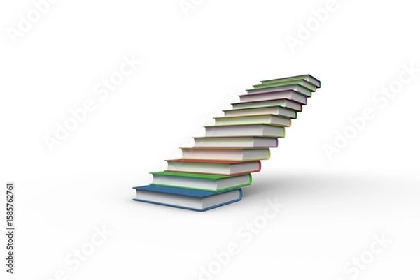 Obraz Showing staircase stacking colorful hardcover books ascending diagonal white backdrop, copy space