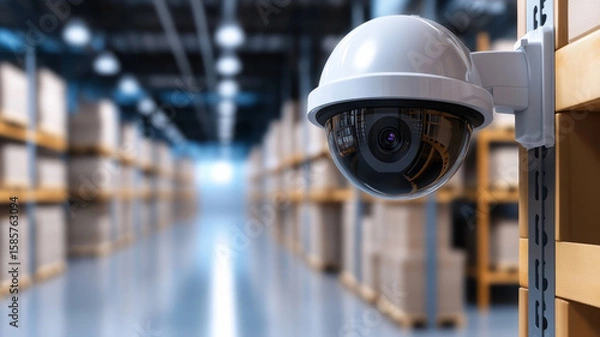 Fototapeta Security camera monitoring warehouse with shelves, boxes, and bright lighting for safety