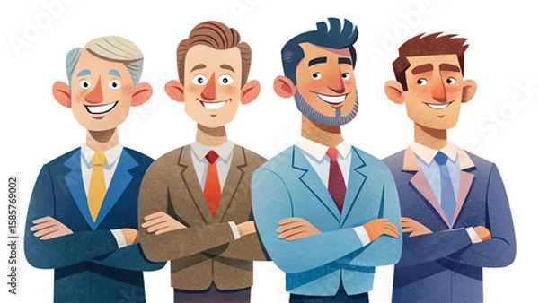 Fototapeta Vector of business man set professionals standing confidently with arms crossed and smiling. Formal attire, diverse characters, office theme, isolated on white background. Perfect for presentation