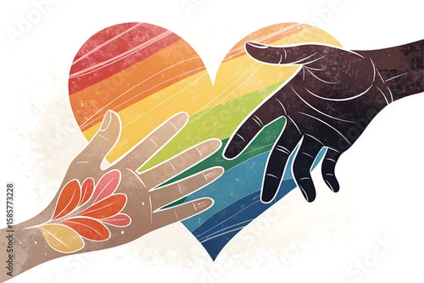 Fototapeta Two diverse hands gently reach towards each other, their outline creating a vibrant, multicolored heart symbol, representing connection, support, and affection