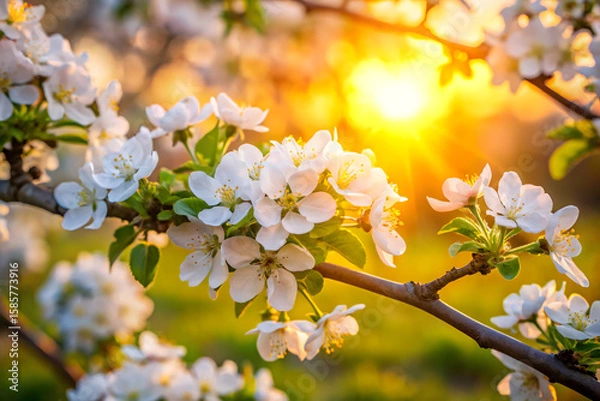 Fototapeta White apple blossoms in full bloom on a branch, illuminated by the golden rays of the setting sun, create a serene and enchanting springtime scenery in the garden