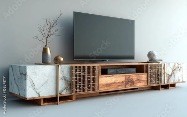Fototapeta Luxury Marble and Wood TV Stand in Modern Interior