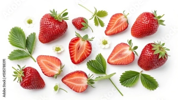 Fototapeta Ripe strawberries halved and whole, nestled with verdant leaves and delicate blossoms against pristine white surface