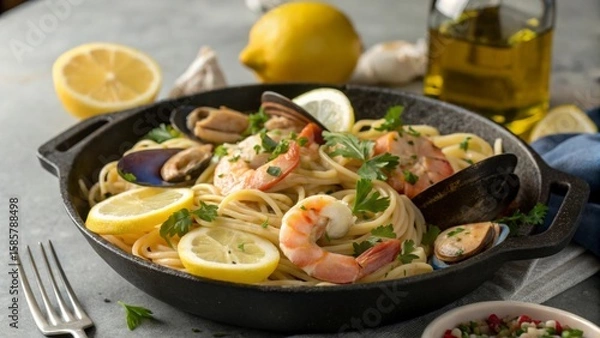 Fototapeta Seafood spaghetti glistening with lemon, parsley sprinkled shrimps and mussels in rustic pan serving