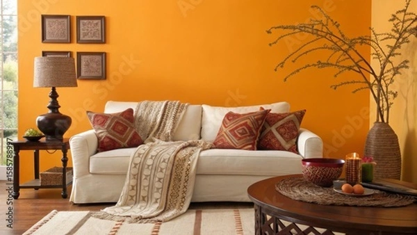 Fototapeta Plush sofa featuring ethnic pillows, soft throw draped across cushions, complementing minimalist living space with warm orange accent wall