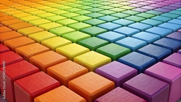 Fototapeta Colorful wooden cubes creating gradient rainbow pattern, forming seamless textured surface ideal for design backgrounds
