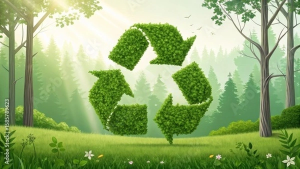 Fototapeta Green foliage creating recycling sign hovering over forest clearing, representing ecological harmony and sustainable ecosystem preservation