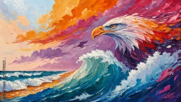 Fototapeta Colorful and vibrant painting of a majestic bald eagle emerging from an ocean wave with a beautiful sunset in the background
