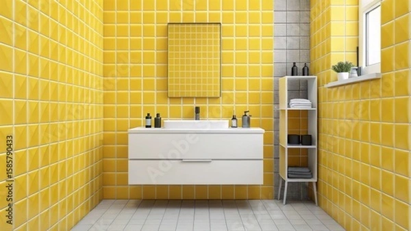 Fototapeta Interior of a modern bathroom featuring yellow tiles, a white sink, a mirror, and a small window, creating a vibrant and stylish space