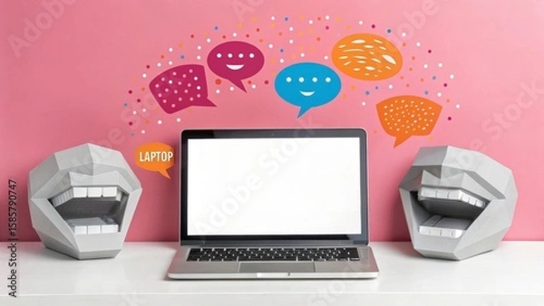 Fototapeta Laptop with blank screen exchanging messages with two polygonal mouths on pink background, representing online communication and virtual discussion