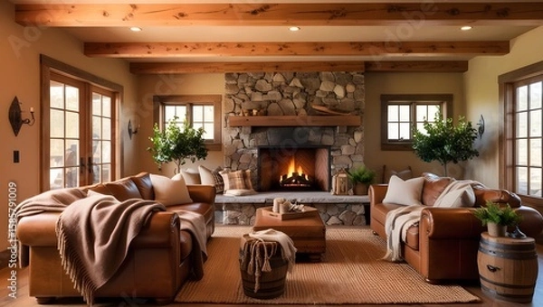 Fototapeta Warm and inviting hdr photograph of rustic luxury home interior featuring modern fireplace wood accents vintage furniture and cozy textures ideal for property showcasing and design inspiration