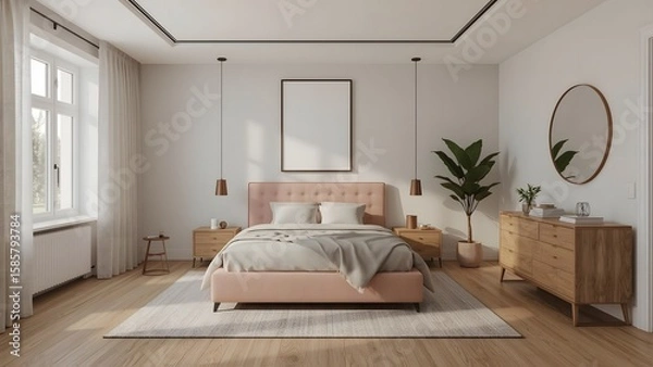 Fototapeta Modern Minimalist Bedroom Interior: Blush Pink Bed, Light Wood Accents, and Natural Light