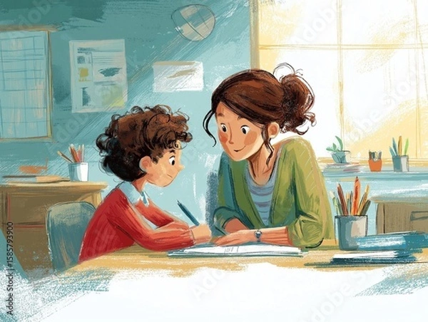 Fototapeta Mother and Child Learning Together Illustration