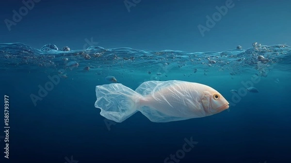 Fototapeta Ocean Pollution Concept with Plastic Wrapped Fish