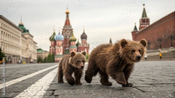 Fototapeta Two brown bear cubs are walking on Red Square with Saint Basil's Cathedral and the Kremlin in the background