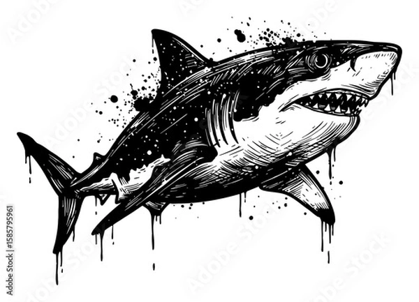 Obraz Abstract Surreal Shark Painting Messy Style Deep Solid Black Drip and Splat Black and White Outline Line Art Drawing