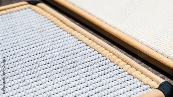 Fototapeta Two rectangular wicker placemats, one light blue and one white, lying on a dark surface, showcasing their intricate woven texture