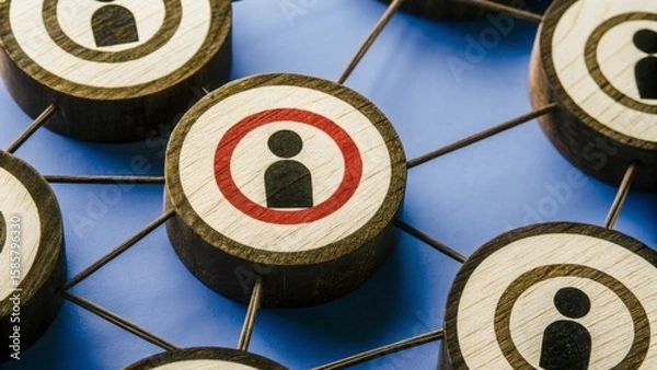 Fototapeta Wooden cut circles connecting strategically, red circle emphasizing target individual, symbolizing customer targeting, lead generation, headhunting, recruitment, marketing strategy