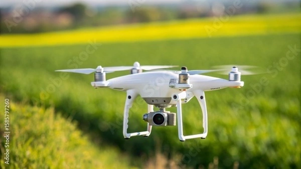 Fototapeta Quadcopter hovering above verdant farmland, capturing aerial perspective of cultivated crops and sweeping agricultural terrain