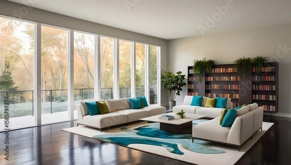 Fototapeta High dynamic range hdr photography showcasing elegant exterior details of modern luxury house with warm interior lights and lush landscaping captured at twilight, living room