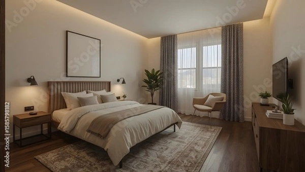 Fototapeta Modern Minimalist Bedroom Interior: Serene Neutral Tones, Wooden Accents, and Natural Light.