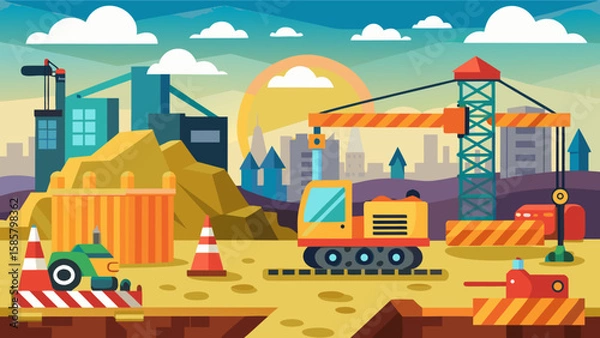 Fototapeta Vector art of a vibrant construction site bustles with activity, featuring cranes, excavators, and bulldozers against a backdrop of a city skyline at sunset