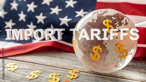 Fototapeta US flag overlaying transparent world map, dollar symbols highlighting international trade tensions, depicting economic conflict and global commerce challenges