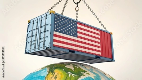 Fototapeta Cargo shipping container with US flag suspended above world globe, symbolizing international trade, global logistics, and interconnected transportation networks