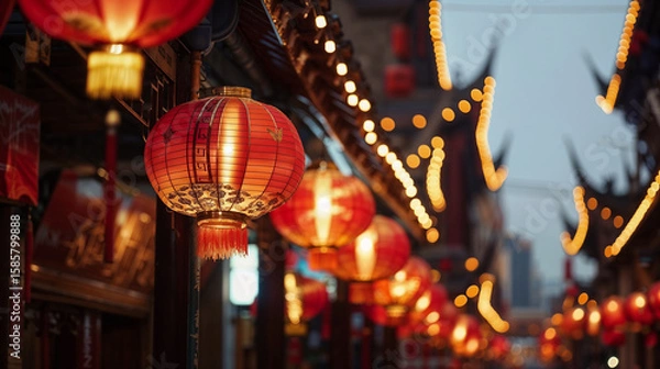 Fototapeta Traditional red Chinese lanterns illuminating a bustling street market during evening hours with warm golden lighting creating festive atmosphere