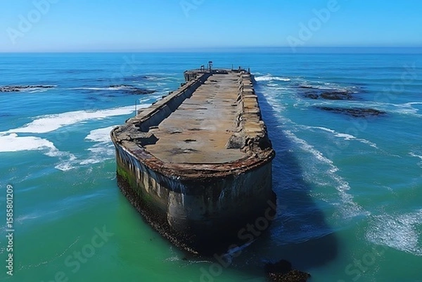 Obraz Abandoned concrete pier stretches into ocean waves with clear blue sky above on bright day