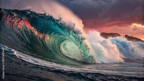 Fototapeta Powerful ocean waves crashing against the shore, illuminated by a vibrant sunset sky filled with dramatic clouds and warm colors