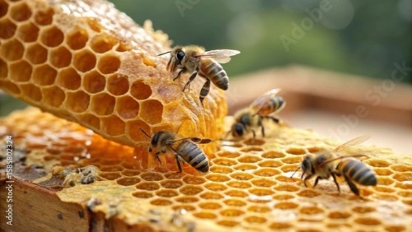 Fototapeta Honey bees busily working on a honeycomb in an apiary, creating sweet honey while contributing to the vibrant ecosystem around them