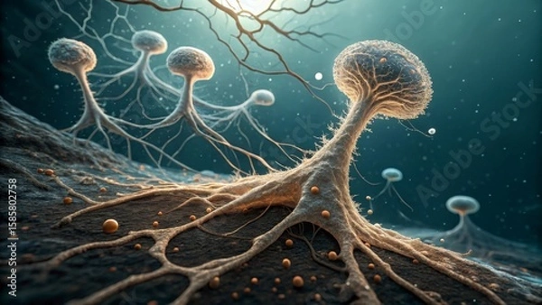 Fototapeta Microscopic slime mold colonizing surface, creating intricate biomechanical network with organic, otherworldly textures and patterns