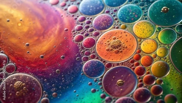 Fototapeta Oil droplets creating colorful bubbles on water surface, forming an abstract and vibrant background