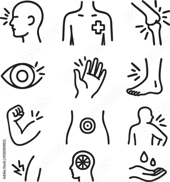 Fototapeta A collection of simple, black and white line art icons representing various human body parts and ailments, perfect for medical or health-related design projects.