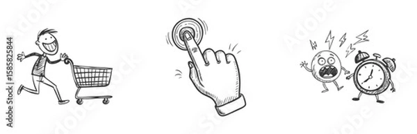 Fototapeta Cartoon set of shopping man, finger pressing button, and alarm clock character yelling. Hand-drawn doodle style, isolated sketches. Daily urgency concept for marketing, retail, and productivity apps.