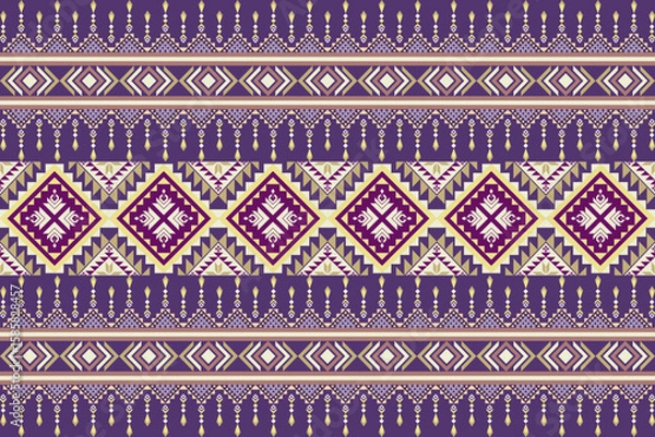 Fototapeta Tribal geometric fabric patterns, mainly dark purple, contrasting with light yellow and cream, give a sense of exquisite handicrafts and cultural identity. Use sarongs, jackets, curtains, graphics.
