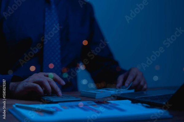 Fototapeta Blue lit Night Accounting Scene Strategic Financial Management, KPI Analysis, And Leadership Insights With Graph Data For Potential IPOs, Focusing On Value Creation
