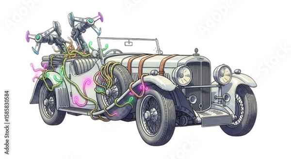 Obraz A fantastical vintage car with glowing neon accents, robotic arms, and a transparent background offers a whimsical, creative design element.