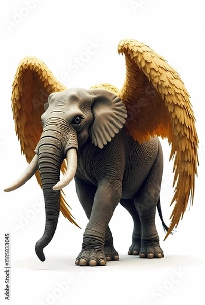 Fototapeta 3D illustration of a golden winged elephant walking on a white background. Generate AI