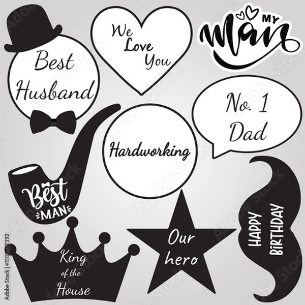 Fototapeta Happy Father's Day doodle set with hand-written lettering and elements. Cute typography design collection for poster, paper decor, banner, tie bow, hat, mustaches and tobacco pipe. Vector illustration