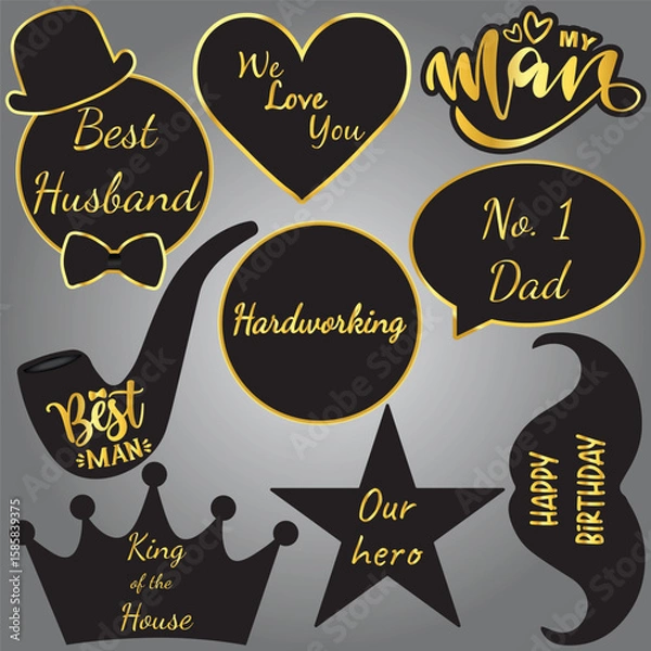 Fototapeta Happy Father's Day doodle set with hand-written lettering and elements. Cute typography design collection for poster, paper decor, banner, tie bow, hat, mustaches and tobacco pipe. Vector illustration