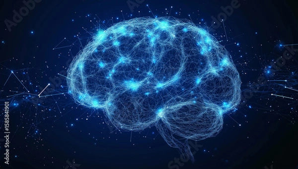 Fototapeta Glowing Digital Brain Network On Dark Background: Futuristic Visualization Of Neural Connections And Artificial Intelligence In Blue Light