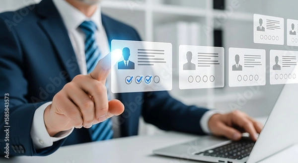 Fototapeta A businessman selects a candidate profile from a digital interface on a laptop