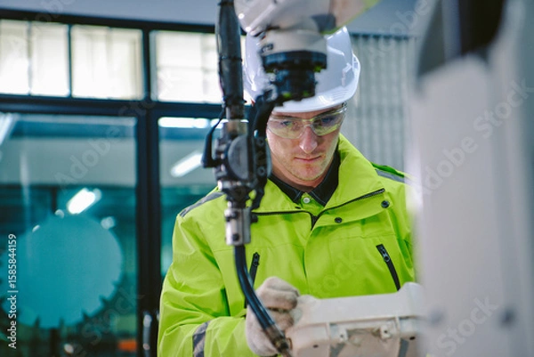 Fototapeta Robotic machine enginee is testing the operation of the robot arm manufacturing machine.